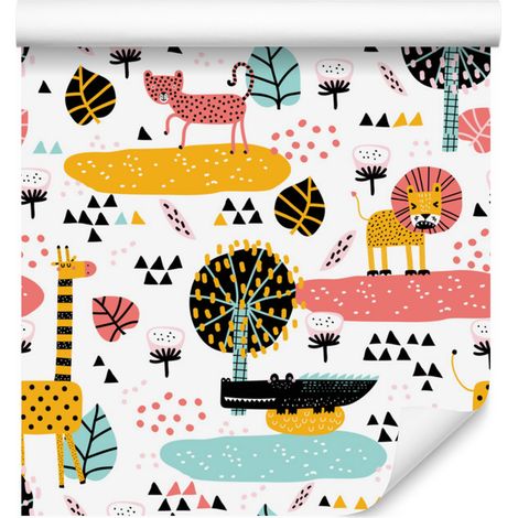 Papier peint safari animaux lions et arbres pour salon et chambre 50x1000 cm (1/5)