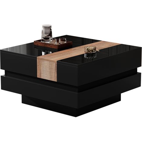 Mesa de centro cuadrada 70 x 70 x 39 cm con almacenaje oculto MDF negro brillo (1/5)