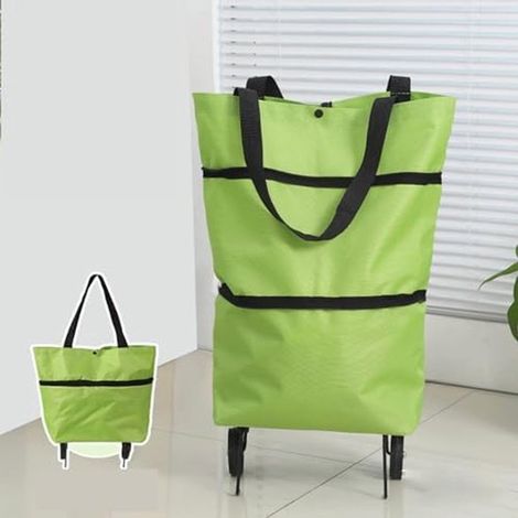 Sac de courses portable et pliable à roulettes, adapté aux courses en extérieur, peut contenir jusqu'à 15 kg (vert). (1/5)
