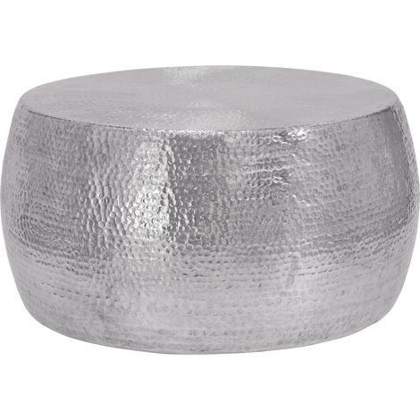 WOMO-DESIGN Couchtisch Ø 90x45 cm Silber, Unikat, Hammerschlag-Optik, Handgefertigter Beistelltisch, Orientalischer Wohnzimmertisch, Runde Tisch, Aluminium Loungetisch, Flacher Sofatisch, Metall Tisch