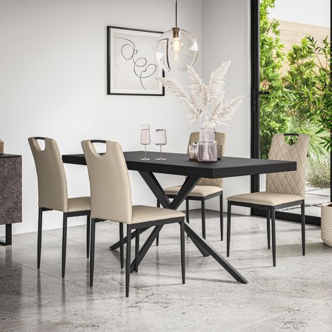 Donni Dining Table And Chairs - Black Table Top w Black Legs + Monza Faux Leather Dining Chair Set Of 6 (Beige) (1/5)