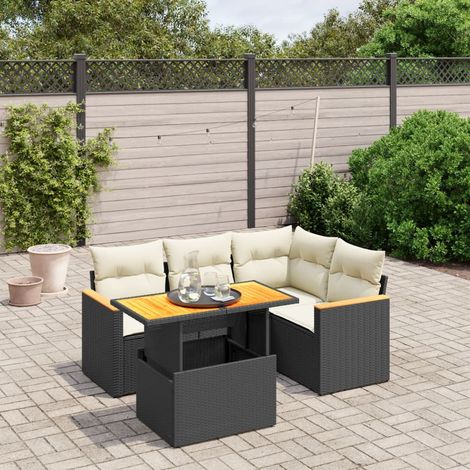 Ensemble Salon Jardin 5 Places Noir Résine Tressée avec Table Réglable et Coussins Crème - Canapé d'Angle Modulaire (1/3)