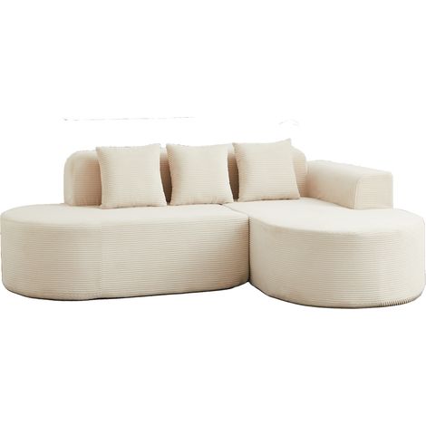 Canapé modulaire d'angle en L 220 cm en velours côtelé beige avec 3 coussins (1/5)