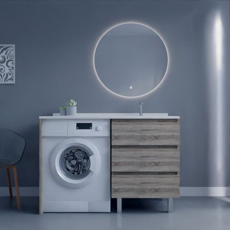 Meuble lave-linge KORA avec plan vasque déportée + Miroir rond Fazzio- Bois- Vasque à droite