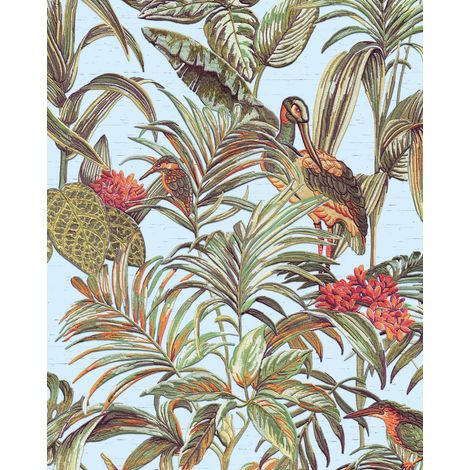 Empapelado con pájaros Profhome DE120014-DI papel pintado vinílico estampado en caliente tejido non tejido gofrado de diseño exótico brillante azul verde marrón 5,33 m2 (1/5)