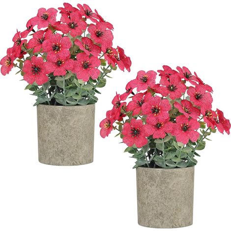 2 Stück Kunstpflanzen im Topf, Dekorative Blumen und Eukalyptusblatt für Wohnzimmer und Büro, Rosa Rot (1/5)