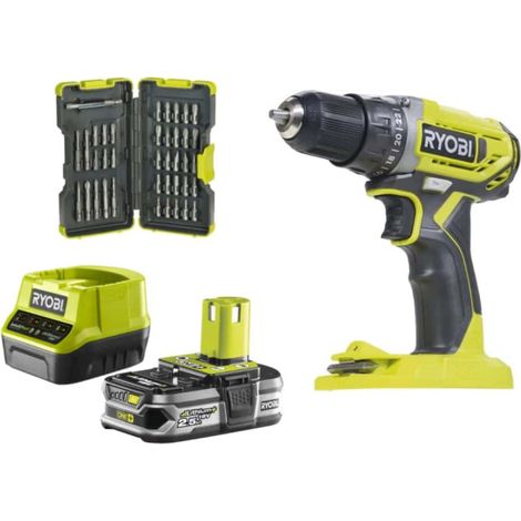 Pack RYOBI Perceuse Visseuse 18V One+ - 1 Batterie LithiumPlus 2,5 Ah 1 Chargeur rapide - R18DD2-0 - Coffret antichocs 40 embouts de vissage - porte-embouts RAK40SD