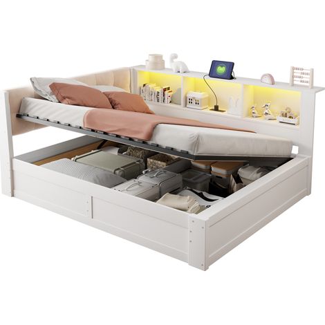Lit banquette coffre 140x200 cm en pin blanc avec hydraulique, LED dimmable, USB, étagère intégrée et fonction canapé lit (1/5)