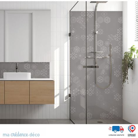 Panneau de douche : Carreaux Ciment Hexagonal 2 - Couleur Gris platine - Alu composite - 90 - 245 (1/4)