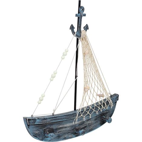 Percha de madera barco de 2 ganchos azul 35x4.5x39h cm
