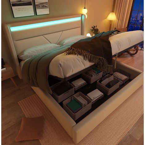 Cama doble con almacenamiento LED tapizada blanca OKMYHOME (1/5)