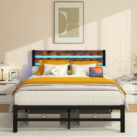 Cama antigua de metal marrón y MDF de 120x200 cm con iluminación LED RGB y espacio de almacenamiento bajo la cama. (1/5)