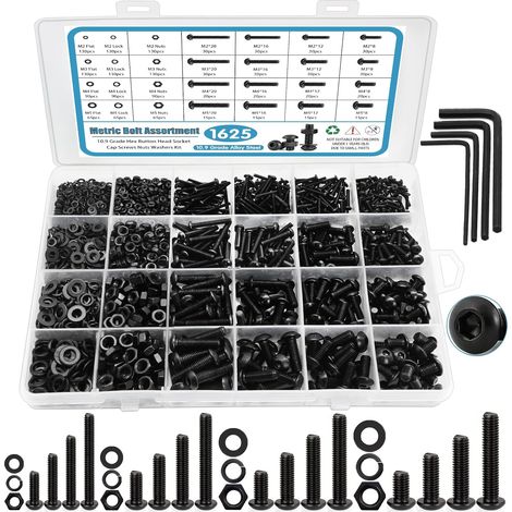 1625-piece assorted screw,  bolt,  and nut kit,  M2,  M3,  M4,  and M5 nuts and bolts with locking washers,  grade 10.9 alloy steel,  hex socket head screw,  nut,  and bolt assortment kit (1/5)