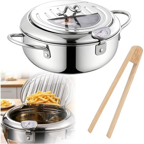 Friteuse japonaise Tempura 2,2 l avec thermomètre : poêle japonaise en acier inoxydable avec égouttoir et clips en bambou, poêle à frire de style japonais pour frites (20 cm) (1/5)
