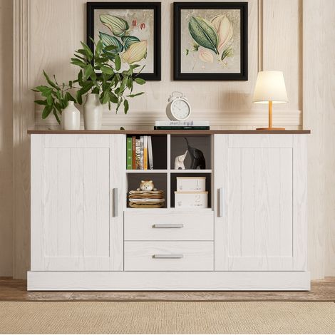 Aparador 140 x 40 x 79,5 cm, 2 puertas, 2 cajones, efecto madera blanco y marrón HAVRYA (1/5)