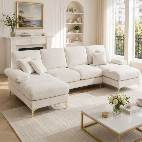 Canapé d'angle modulable en chenille - 272x136x88 cm - 4 places - Double méridienne en U - Pieds dorés - Beige (1/5)