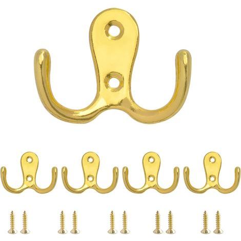 5 pieces of double golden wall hook, double branch metal coat hook attached to the wall with screws, coat hook usable in the bedroom and bathroom (1/5)