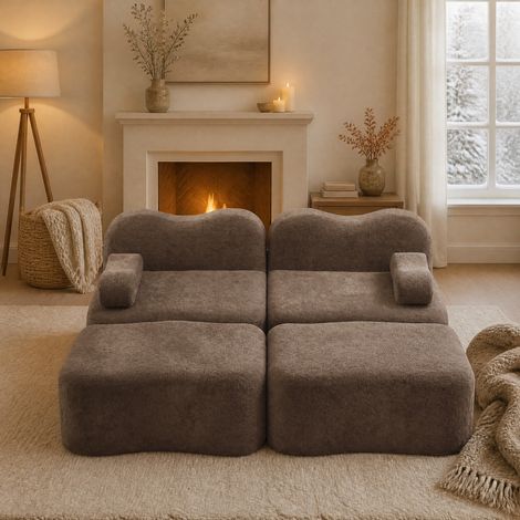 Divano modulare 2 posti con 2 pouf, velluto marrone, 192 x 167 x 70 cm DESVIAE (1/5)