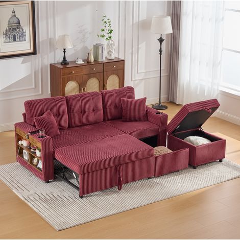 Sofá cama con almacenaje, 196x82-144x85 cm, USB tipo C, iluminación LED, corduroy rojo vino (1/5)