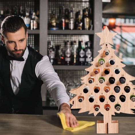 Sapin de Noël porte-bouteille en bois, compte à rebours 24 jours, présentoir à bouteilles de table décoratif, support de rangement 1 pièce, forme ronde (1/4)