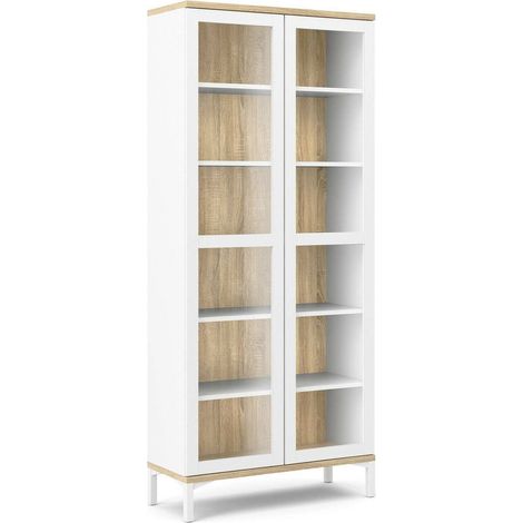 Dmora - Vetrina Lisanne, Credenza espositiva, Vetrinetta multiuso, Madia da soggiorno, 89x36 h203 cm, Bianco e Quercia (1/5)
