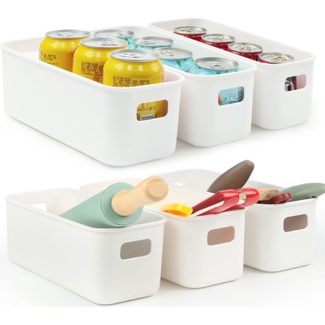 Lot de 6 boîtes de rangement en plastique Blanc 27,5 x 10,5 x 9,5 cm, paniers de rangement étroits et organiseurs pour cuisine, garde-manger, salle de bain et placards (1/5)