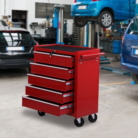 Carro caja de herramientas taller movil con 5 cajones 4 ruedas chapa de Acero Rojo (1/5)