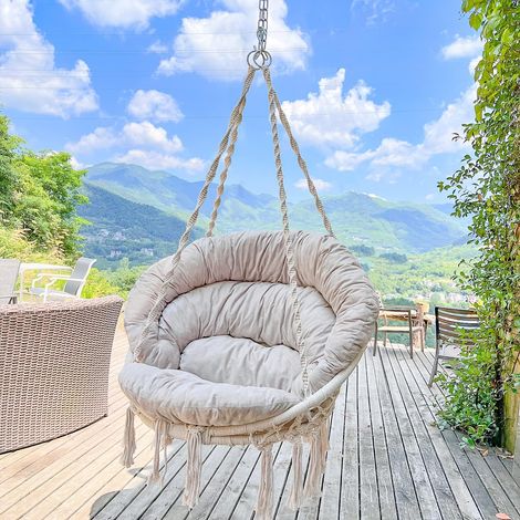 Fauteuil Suspendu, Capacité 150 kg, Chaise Coton avec Coussin, Chaise Pivotante en Macramé, Faite à la Main avec Kits de Matériel de Suspension, Bohème, Jardin, Intérieur, Extérieur, Beige (1/5)