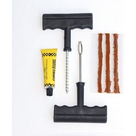 Kit de réparation de pneu sans chambre à air - 3 mèches de 100 mm + colle 10 ml + cutter et perforateur avec poignée en T - Kit de crevaison pour moto, voiture, quad, vélo (1/4)