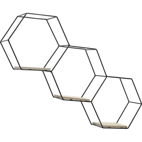 Support mural triple hexagonal - 3 étages - Métal noir - 40,5 x 59,5 x 9,5 cm - Décoration murale (1/5)