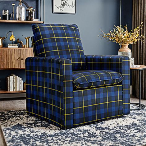 Fauteuil HOMEMiYN une place - Tissu bleu marine à carreaux - Assise molletonnée (1/4)