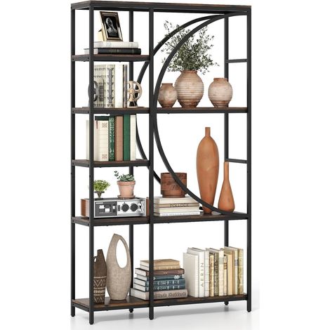 COSTWAY Libreria Moderna a 6 Ripiani Aperti, Scaffale Alto Autoportante Forma di Mezzaluna, Struttura in Metallo, Organizzatore per Soggiorno Ufficio, 100x30x177 cm (Marrone) (1/5)