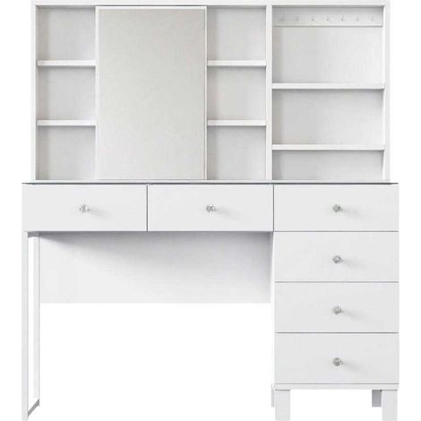 Coiffeuse 6 tiroirs avec miroir et plateau transparent 120 cm blanc (1/4)
