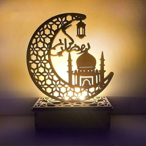 Veilleuse artisanale en bois, magnifique cadeau, décoration lumineuse LED 3D lune et étoile faite main, lampe Ramadan Moubarak, ornements pour la maison, la chambre et l'Aïd. (1/4)