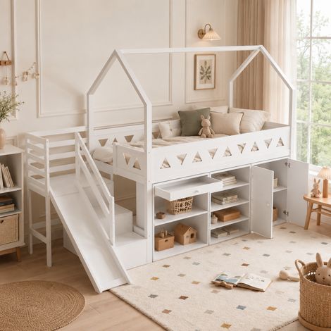 Lit enfant 90x200 avec toboggan et escalier, tiroirs et rangements, sommier inclus, bois massif et MDF, blanc (1/5)