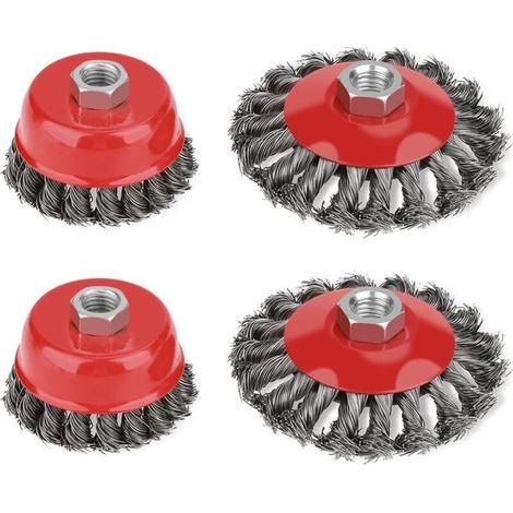 Set of 4 wire brushes for angle grinders – 2 brushes of 75 mm and 2 of 105 mm – Thick steel wire – M14 thread for rotary machines (1/5)