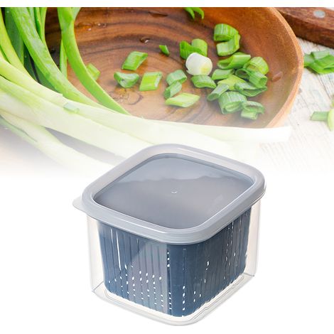 Boîte de rangement pour fruits et légumes à 2 compartiments pour réfrigérateur, idéale pour les oignons, le gingembre et l'ail (bleu). (1/5)