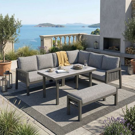Salon de jardin exterieur en corde pour 8 personnes,canapé d'angle+salle à manger+des bancs,fer galvanisé,plateau en verre,gris