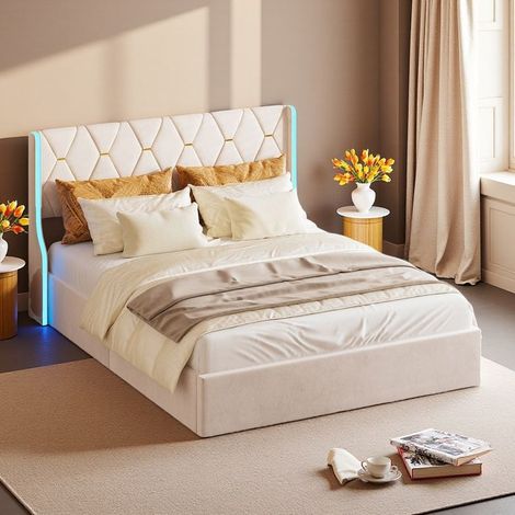 Cama Cofre Adulto Doble 140x200 - LED RGB 6000+ Colores - Diseño Moderno - Mecanismo Silencioso - Beige