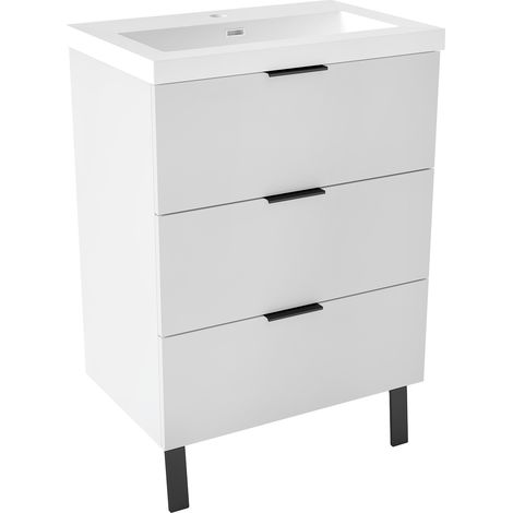 Acezanble 600mm Matt White Bathroom Vanity Unit with Wash Resin Basin Floor Standing Storage Cabinet 3 Drawers