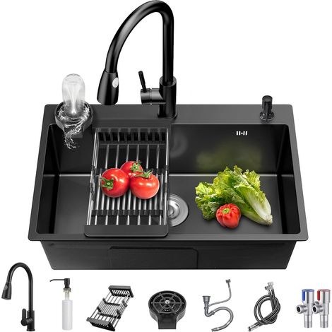 Black Kitchen Sink 3 Holes 1 Bowl 304 Stainless Steel with 360° Pull Out Faucet, Glass Rinser, Soap Dispenser and Draining Basket (75 x 45 cm) (1/5)