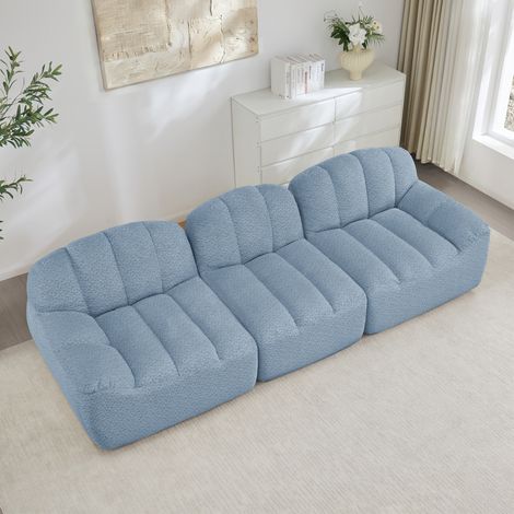 Canapé modulable 3 places sans armature, mousse haute densité 32D, tissu bouclé bleu, 288 cm (1/5)