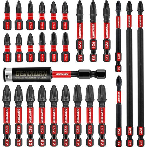 28 Pieces Pozidriv Impact Screwdriver Bits PZ1 PZ2 PZ3 25/50/75/150 mm, Magnetic Bit Set for Screwdriver Hex Shank 1/4" S2 Alloy Steel with 1 Bit Holder 75 mm (1/5)
