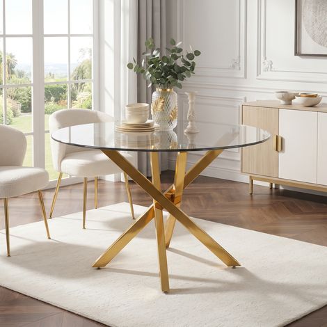 Table ronde à manger, 80 x 80 x 75 cm, plateau en verre, style moderne, pieds dorés, peut servir de table basse ou d'appoint, style minimaliste moderne, or et verre (1/5)