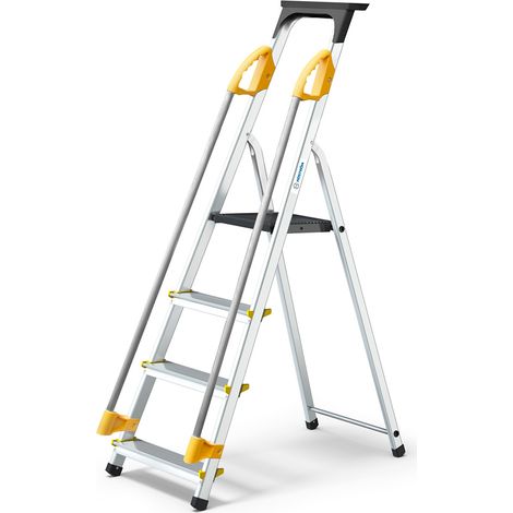 Escabeau 4 marches DURAMP sécurisé avec rampes, tablette porte-outils, marchepied pliable aluminium, hauteur plateforme 75cm, garantie 5 ans Hoström