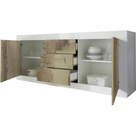 Aparador Pasubio, Cómoda 3 Cajones, 2 Estantes, 2 Puertas, 210x42x85.8h cm Blanco Brillante