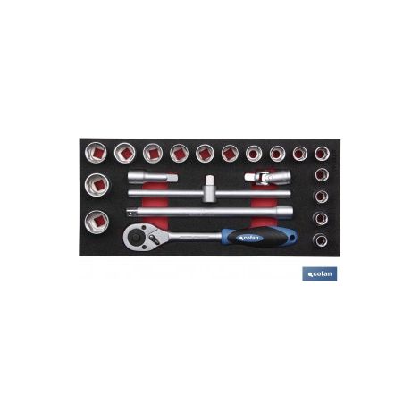 1/2"-Werkzeugmodul mit 16 Teilen und den Abmessungen 393 x 180 mm, passend für eine Schublade