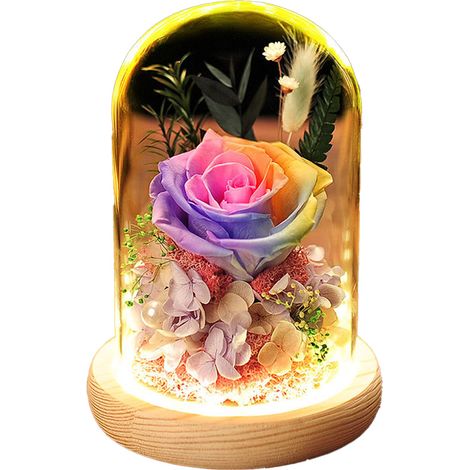 Roses artificielles lumineuses avec LED, socle en bois et dôme en verre, pour un cadeau élégant et décoratif.