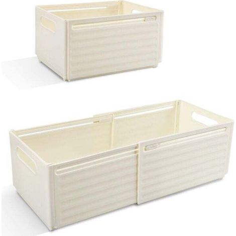 ZVD - Juego de 2 cajas de almacenamiento de plástico expandibles con asa, plegables, para cocina, dormitorio, baño y oficina (blanco roto) (1/4)