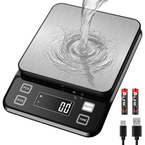 IPX67 wasserdichte Küchenwaage, 10 kg Tragkraft, 0,1 g Genauigkeit, große Wiegefläche aus Edelstahl, wiederaufladbare Lebensmittelwaage, 10 Maßeinheiten, LCD-Display, Tara-Funktion, Zählfunktion (1/5)